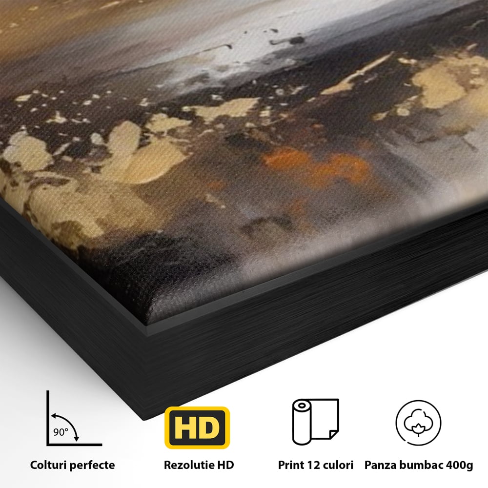 Detaliu al suprafetei: tablou canvas peisaj abstract orizontal, in rama de aluminiu negru